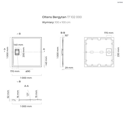 Bergytan Oltens Bergytan brodzik 100x100 cm kwadratowy RockSurface biały 17102000