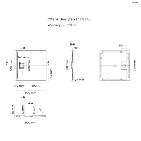 Bergytan Oltens Bergytan brodzik 90x90 cm kwadratowy RockSurface biały 17101000