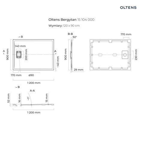 Bergytan Oltens Bergytan brodzik 120x90 cm prostokątny RockSurface biały 15104000