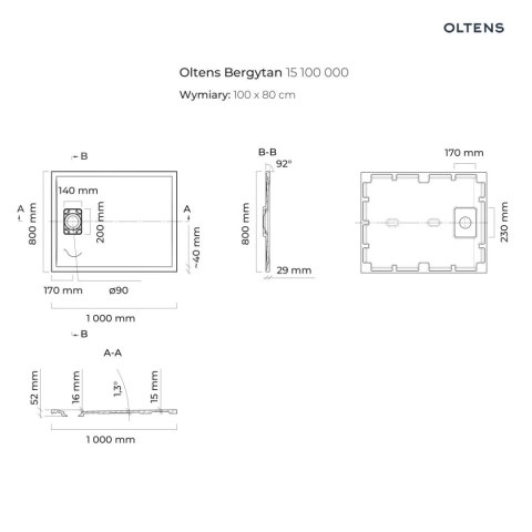 Bergytan Oltens Bergytan brodzik 100x80 cm prostokątny RockSurface biały 15100000