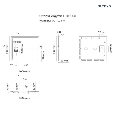 Bergytan Oltens Bergytan brodzik 100x90 cm prostokątny RockSurface biały 15101000