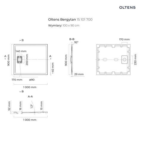 Bergytan Oltens Bergytan brodzik 100x90 cm prostokątny RockSurface szary beton 15101700 Bergytan Oltens Bergytan brodzik 100x90 cm prostokątny RockSurface szary beton 15101700