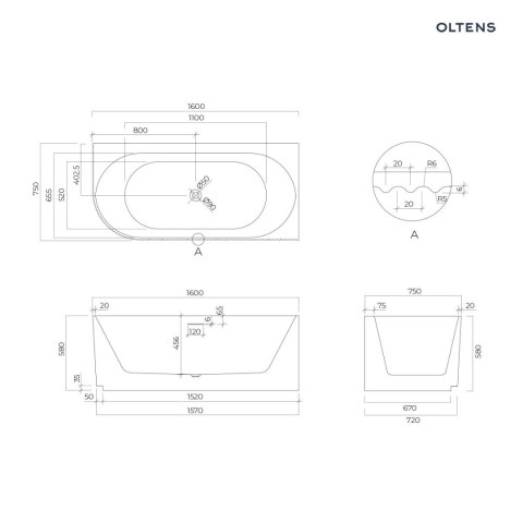 Hamnes Oltens Hamnes wanna narożna 160x75 cm prawa biała 11008000