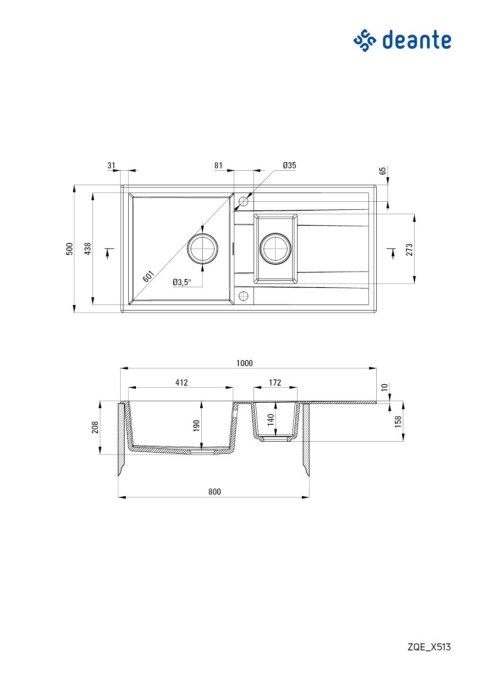 Deante Zlewozmywak granitowy 1.5-komorowy z ociekaczem