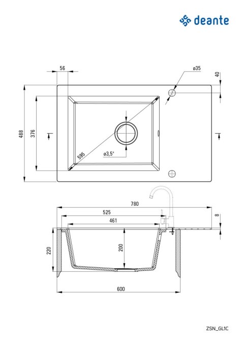 Deante Zlewozmywak szklano-granitowy 1-komorowy z ociekaczem