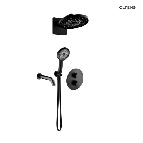 Katla Oltens Katla zestaw bateria wannowo-prysznicowa podtynkowa z deszczownicą Vann i słuchawką 3 funkcyjną Havis EasyClick czarny ma