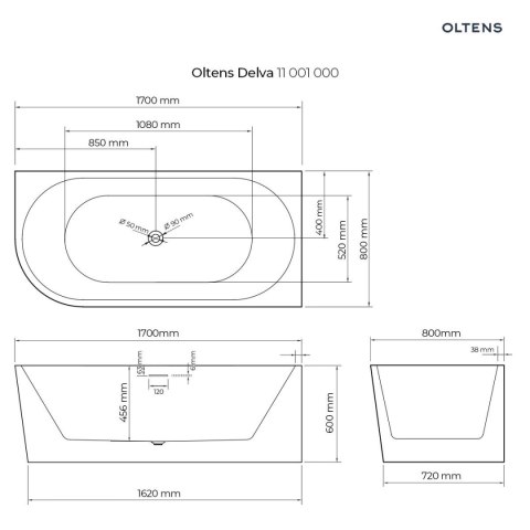 Delva Oltens Delva wanna wolnostojąca 170x80 narożna cm prawa biała 11001000