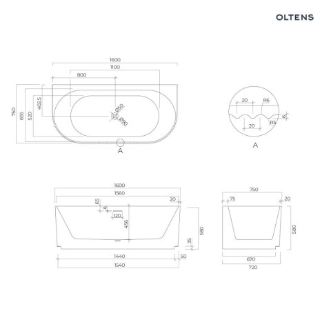 Hamnes Oltens Hamnes wanna przyścienna 160x75 cm biała 12025000