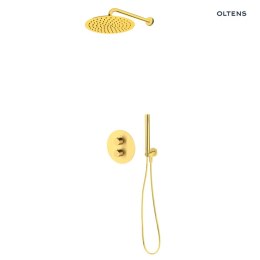 Katla Zestaw Oltens Katla bateria podtynkowa termostatyczna z deszczownicą 30 cm Vindel i kompletem prysznicowym Ume złoto szczotkowan