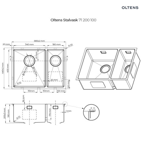 Stalvask Oltens Stalvask zlewozmywak stalowy 1,5-komorowy 58x44 cm stal polerowana 71200100