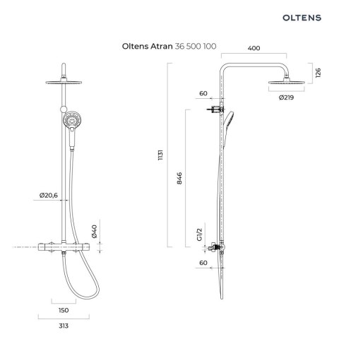 Atran Oltens Atran zestaw prysznicowy termostatyczny z deszczownicą chrom 36500100