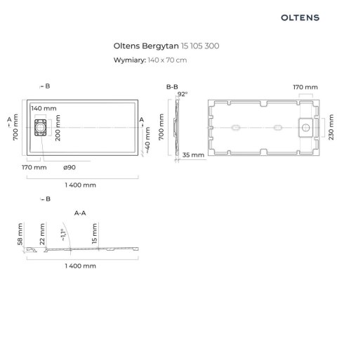 Bergytan Oltens Bergytan brodzik 140x70 cm prostokątny RockSurface czarny mat 15105300